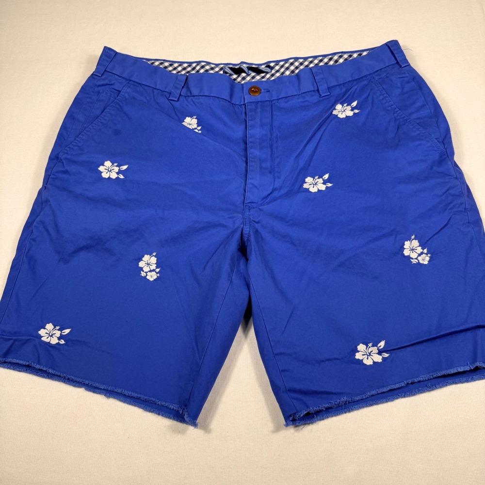 Brooks Brothers Shorts 38W Blue Hibiscus Floral Embroidered Raw Hem Chino Mens